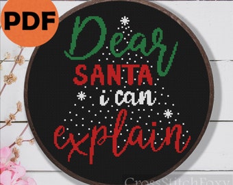 Funny Christmas lettering cross stitch pattern PDF, Dear Santa I Can Explain Christmas ornaments cross stitch