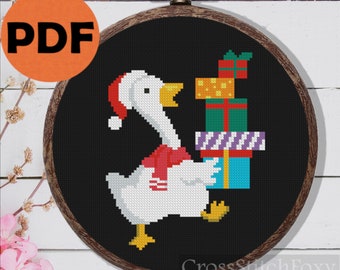 Christmas Goose With Gifts Cross Stitch Pattern PDF, easy Christmas ornament DIY counted cross stitch pattern, farm bird cross stitch