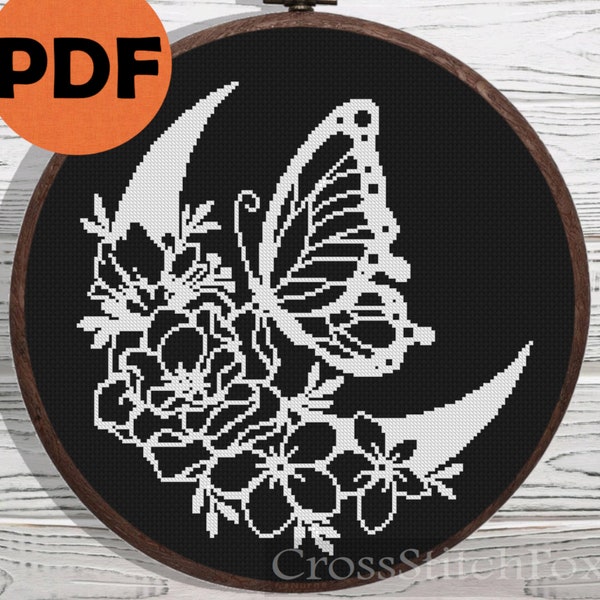 Motif de point de croix Boho lune papillon PDF, motif de lune floral mystère, ornement magique boho, décor de mur de point de croix de pépinière