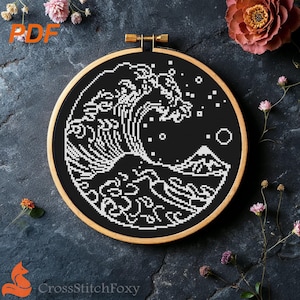 Wave Cross Stitch Pattern, Hokusai Japanese Art (PDF)