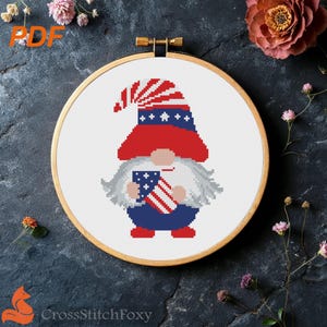 Patriotic Gnome Cross Stitch Pattern: USA 4th July Fireworks (PDF Pattern)