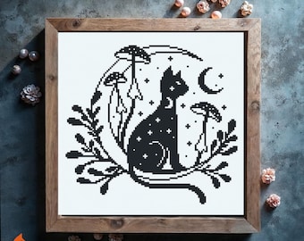 Kreuzstich-Muster Mystisch Katze Mond: Witchy Tier-Design (PDF Digital Download)