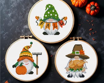 Fall Gnomes Cross Stitch Patterns: Pumpkin, Turkey, Bunting (PDF Download)