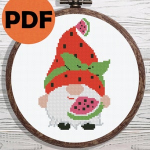 Small gnome with watermelon cross stitch pattern PDF, summer gnome, cross stitch pattern gnome