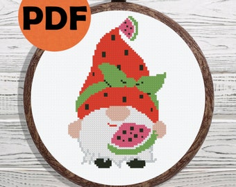 Small gnome with watermelon cross stitch pattern PDF, summer gnome, cross stitch pattern gnome