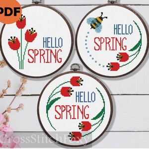 Hello Spring Cross Stitch Patterns: Bee & Tulip Wall Decor (PDF Download)
