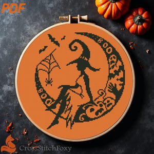 Witch on Moon Halloween Cross Stitch Pattern: Spooky Wall Decor (PDF Pattern)