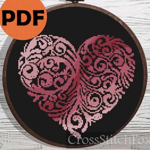 Rose Floral Heart cross stitch pattern, Wedding Love cross stitch pattern, Watercolor small DIY gift craft counted chart for beginners