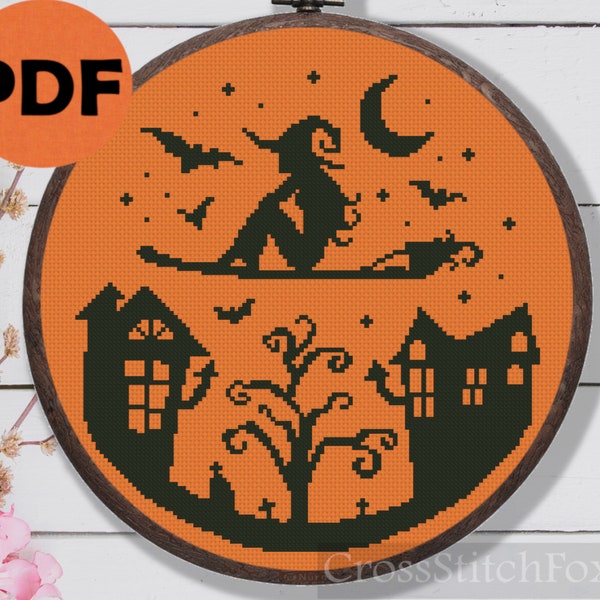 Flying Witch Broom Halloween Elements Haunted House Monochrome Cross Stitch Pattern PDF Digital Download Easy Witchy Wall Decor