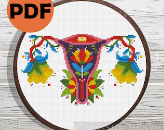 Uterus floral cross stitch pattern PDF, reproductive system anatomy cross stitch, feminist cross stitch pattern, cross stitch DIY home decor