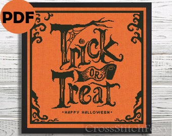 Trick or Treat spiderweb cross stitch pattern PDF, Halloween cross stitch, horror cross stitch pattern, Happy Halloween cross stitch schema