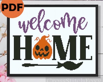 Halloween Welcome Home cross stitch PDF, Halloween lettering cross stitch pattern, pumpkin cross stitch pattern
