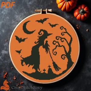 Witch Broom Cross Stitch Pattern: Halloween Haunted House Decor (PDF Digital Download