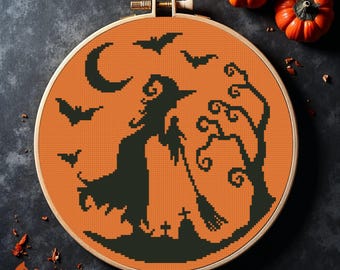 Witch Broom Cross Stitch Pattern: Halloween Haunted House Decor (PDF Digital Download