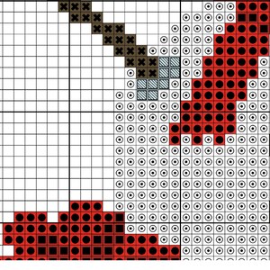 May include: Cross stitch pattern featuring a red, white, and black design. The pattern includes a variety of shapes, including circles, squares, and crosses. The pattern is suitable for beginners and experienced cross stitchers.