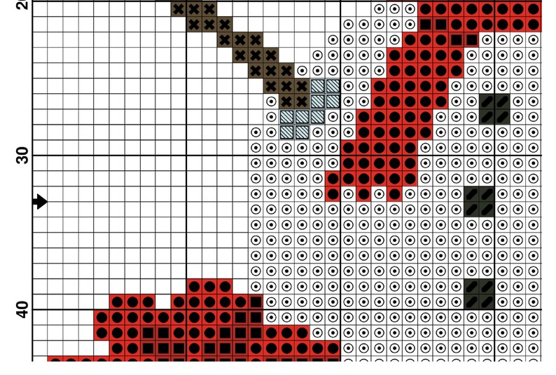 May include: Cross stitch pattern featuring a red, white, and black design. The pattern includes a variety of shapes, including circles, squares, and crosses. The pattern is suitable for beginners and experienced cross stitchers.