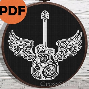 Guitar with Wings Cross Stitch Pattern: Ornamental Music Decor (PDF Pattern)