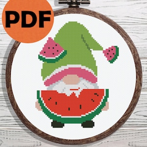 Watermelon gnome cross stitch pattern PDF, summer gnome, cross stitch pattern gnome