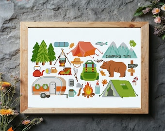 Camping Cross Stitch Pattern: Mountain Travel Sampler (PDF Pattern)