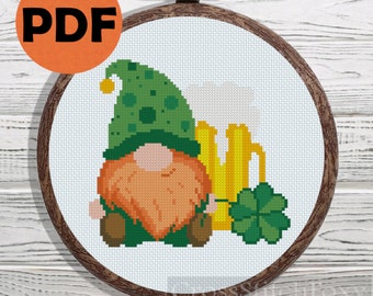 St. Patrick Irish Gnome Shamrock Beer Cross Stitch Pattern PDF, st Patricks Day cross stitch pattern leprechaun, gnome cross stitch