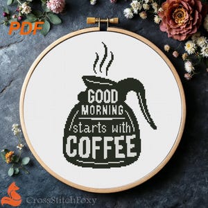 Patrón de punto de cruz de café: Frase de buenos días (Patrón PDF)