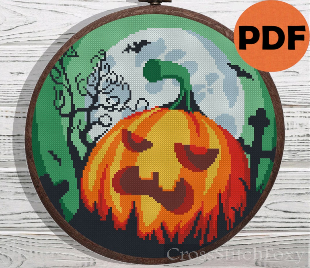 Halloween Spooky Pumpkin Moon Landscape Cross Stitch Pattern PDF ...