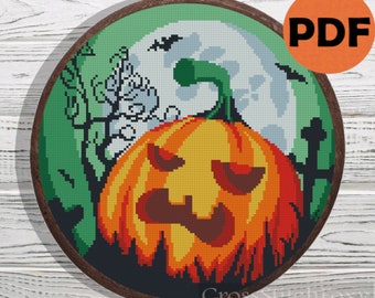 Halloween spooky pumpkin moon landscape cross stitch pattern PDF, Halloween cross stitch, horror cross stitch pattern