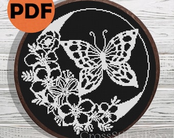 Moon butterfly cross stitch pattern PDF, mystery floral moon pattern, boho magical ornament, nursery cross stitch wall decor