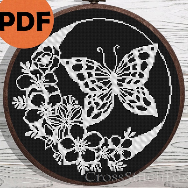 Modèle de point de croix papillon de lune PDF, motif de lune floral mystère, ornement magique boho, décoration murale au point de croix de pépinière