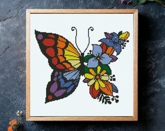 花と蝶の装飾 長方形 蝶の虹色に輝く鮮やかな明るい色のクロスステッチパターン - Etsy 日本