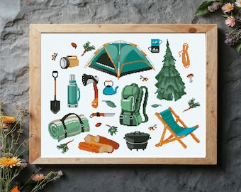 Camping Elements Cross Stitch Pattern PDF Mountain Tourist Travel Sampler