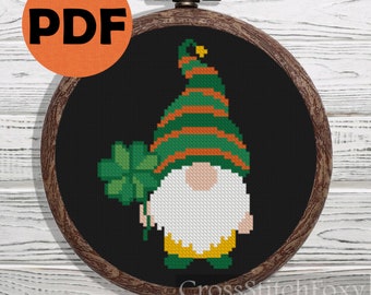 St. Patrick Irish gnome cross stitch pattern PDF, st Patrick Day tiny cross stitch pattern gnome with shamrock, small gnome cross stitch