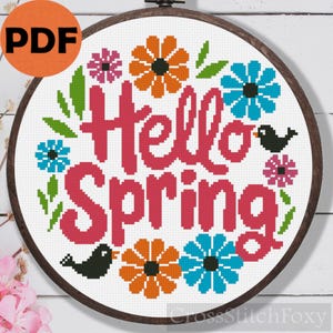 Hello Spring Cross Stitch Pattern: Floral Home Decor  (PDF Download)