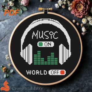 Music On World Off Headphones Cross Stitch Pattern (PDF Download)