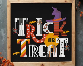 Vintage Happy Halloween Lettering Witch Hat Cross Stitch Pattern PDF