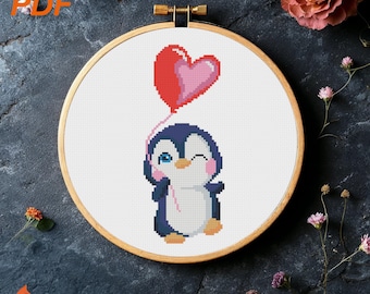 Decorazione da parete a punto croce con palloncino a forma di cuore e pinguino in formato PDF