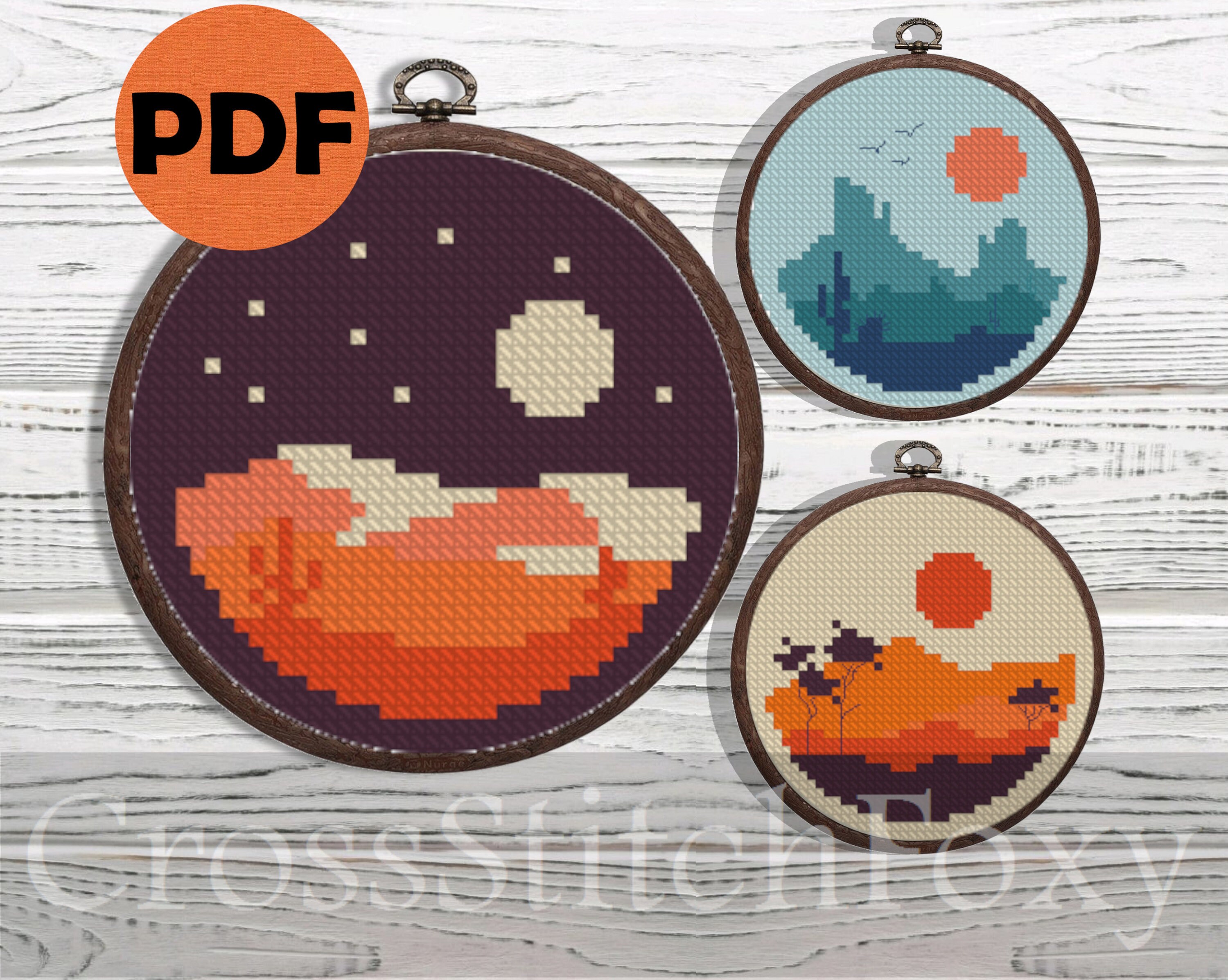 Mini Desert Landscape Cross Stitch Pattern PDF for beginners birds sky cactus mountains moon National park nature small DIY gift
