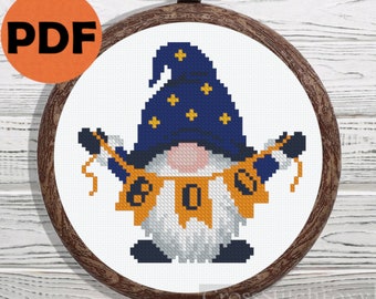 Halloween gnome cross stitch pattern PDF, easy Halloween counted cross stitch schema, Boo Halloween wall decor