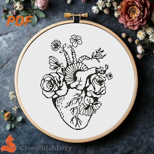 Anatomical Heart Floral Cross Stitch Pattern (PDF Download)