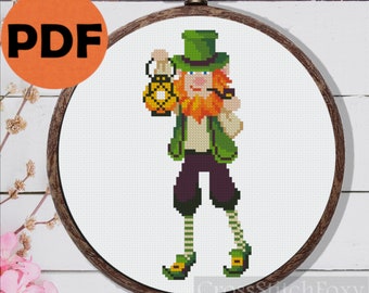 St Patrick leprechaun cross stitch pattern PDF, st Patrick Day gnome cross stitch pattern, magic Irish gnome gift DIY