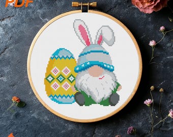 Patrón de punto de cruz de gnomo de conejito de Pascua (Descarga PDF)