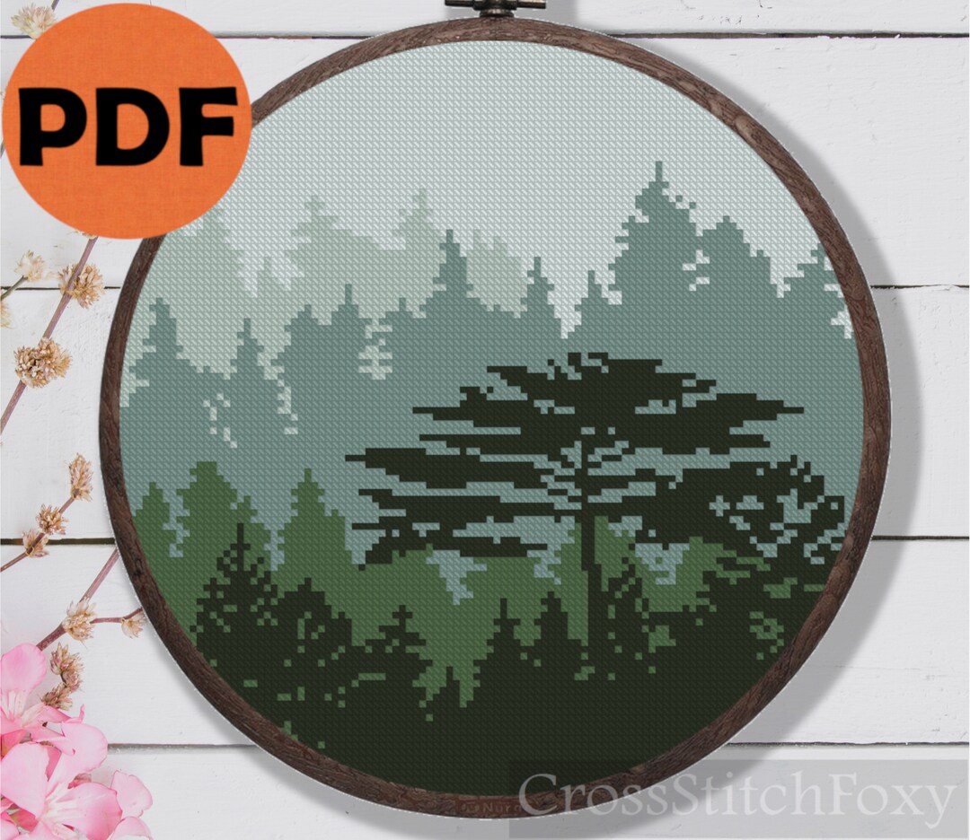 Foggy Forest Cross Stitch Pattern PDF, Forest Landscape Tree Cross ...
