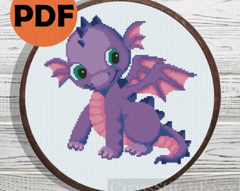 Violet dragon cross stitch pattern PDF, baby cross stitch pattern, nursery cross stitch, dinosaur cross stitch DIY wall decor