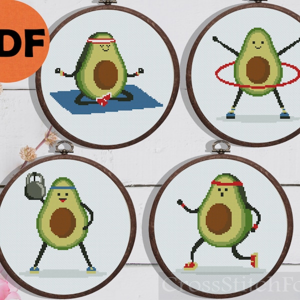 Avocado fitness cross stitch patterns PDF, running avocado cross stitch pattern, sport cross stitch pattern, yoga hula hoop cross stitch