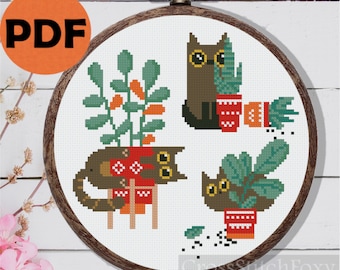 Guilty Funny Cat Plants Tiny Easy Cross Stitch Pattern PDF Digital Download