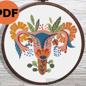 Uterus floral cross stitch pattern PDF, reproductive system anatomy cross stitch, feminist cross stitch pattern, cross stitch DIY home decor