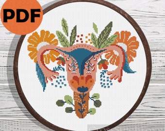 Uterus floral cross stitch pattern PDF, reproductive system anatomy cross stitch, feminist cross stitch pattern, cross stitch DIY home decor