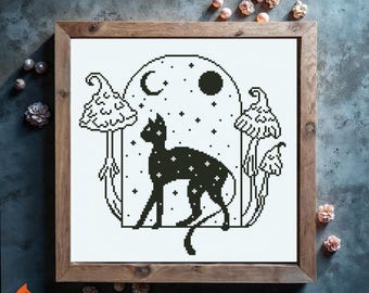 Mystical Cat Moon Cross Stitch Pattern: Witchy Alchemy  (PDF Download)