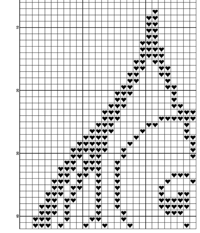 Op de afbeelding: Zwart-witte kruissteekpatroon met een hartvormig ontwerp. Het patroon is op een raster met zwarte lijnen en witte vierkanten. De harten zijn symmetrisch gerangschikt.