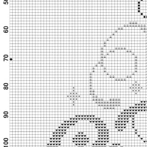 May include: Black and white cross stitch pattern featuring a stylised image of a bird with a heart in its beak. The bird is surrounded by hearts and stars.